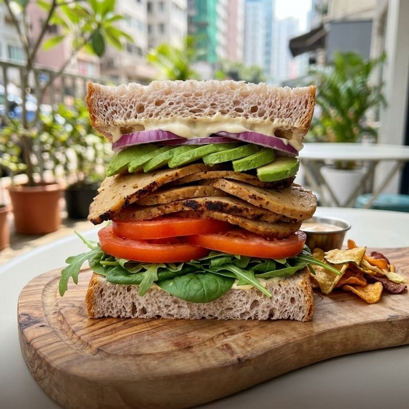 A large gourmet sandwich on a rustic wooden board, featuring Gluten Free Sandwich Bread, avocado, red onion, grilled chicken, tomato slices, and greens, with potato chips beside it on a patio table.