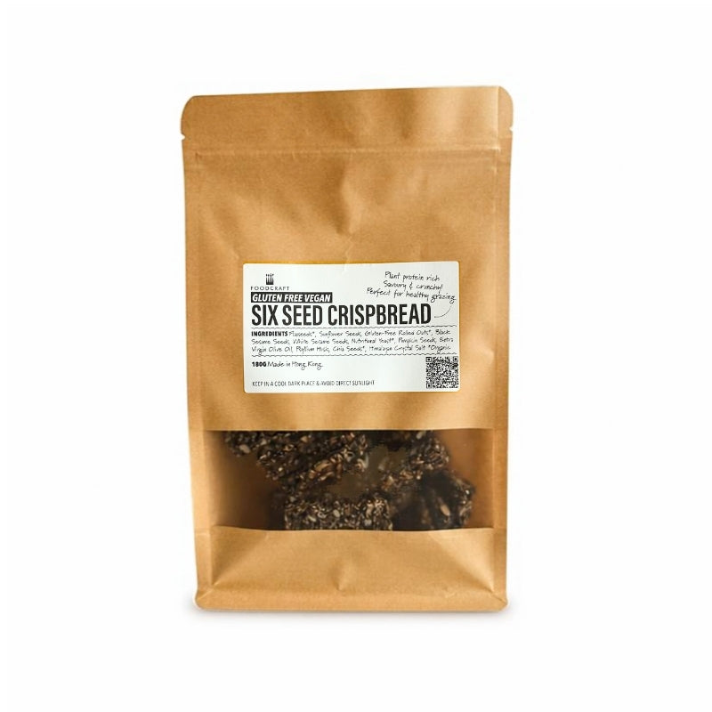 A stand-up kraft paper pouch of Gluten Free 6 Seed Crispbread - 180g, featuring a white label and a clear window at the bottom showing the Gluten Free 6 Seed Crispbread - 180g inside, set against a plain white background.