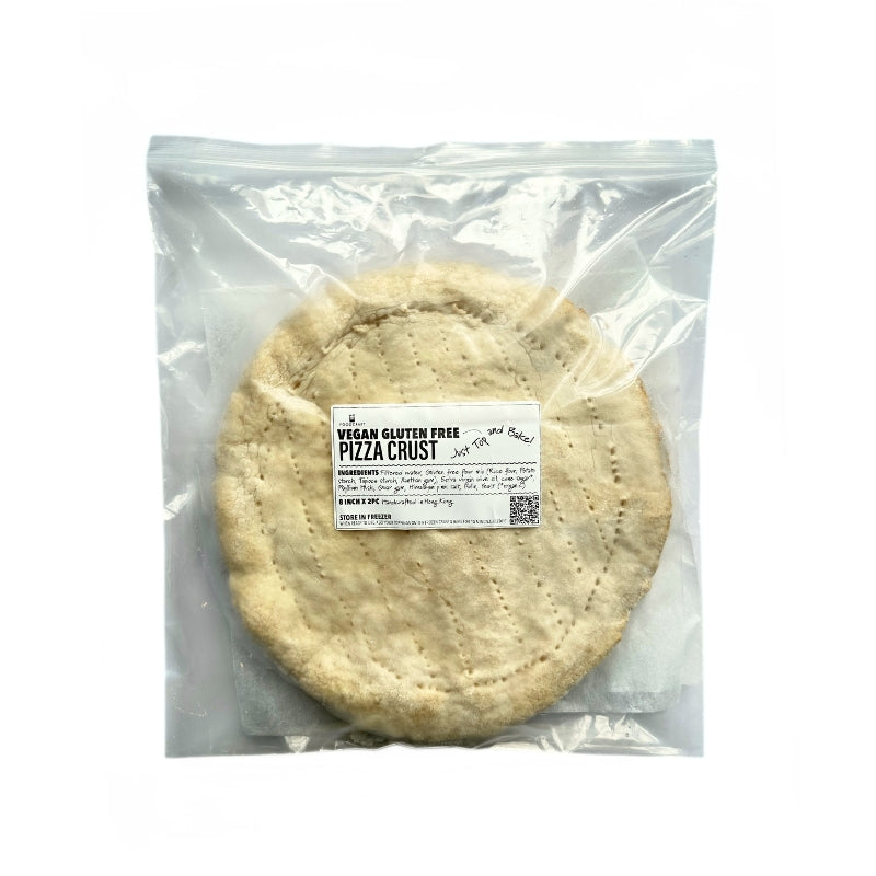 2 pieces of ready to bake vegan gluten-free pizza crust sealed in a clear plastic bag with a white label, shown against a plain white 
background.

Gluten Free Pizza Crust - 8 inch x 2pc Foodcraft Online Store