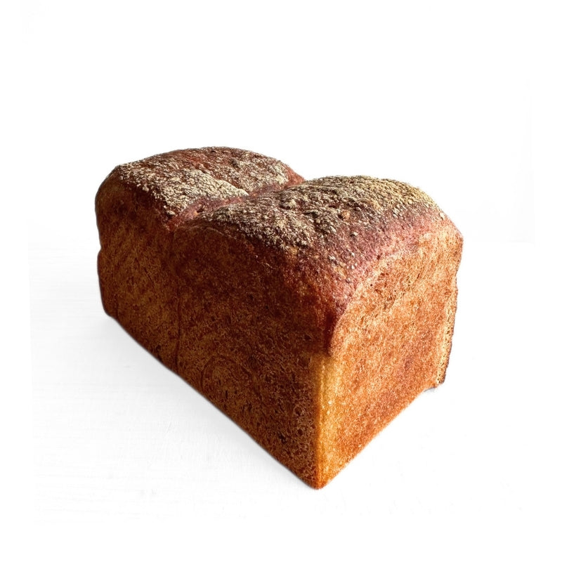 Gluten Free Sourdough Sandwich Bread with a golden-brown crust and lighter baked interior, photographed on a plain white background.