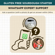 Promotional graphic for gluten-free sourdough starter with WhatsApp expert support on a grid background.