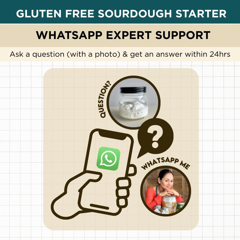 Promotional graphic for gluten-free sourdough starter with WhatsApp expert support on a grid background.