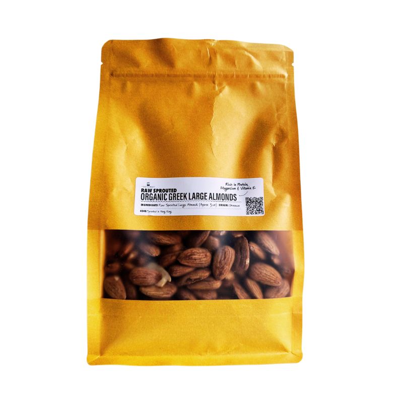 Yellow package of Greek Raw Large Sprouted Almonds (approx. 3cm) with a visible label.