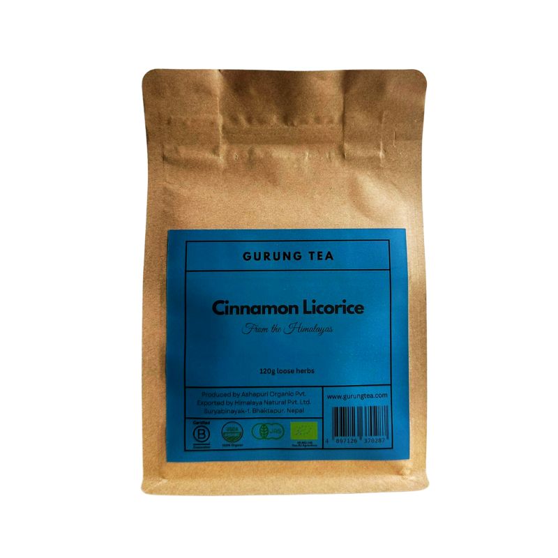 Gurung Organic Cinnamon Licorice Tea (Loose Herbs) Kraft paper tea bag with a blue label featuring 'Gurung Tea' on a white background