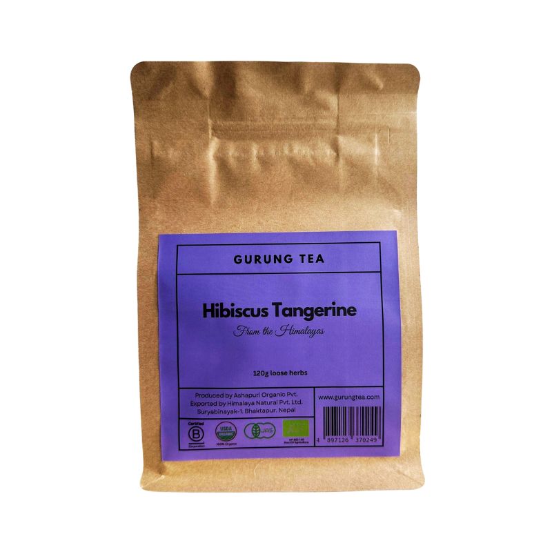 Gurung Organic Hibiscus Tangerine Tea (Loose Herbs) -  package with purple label on a white background