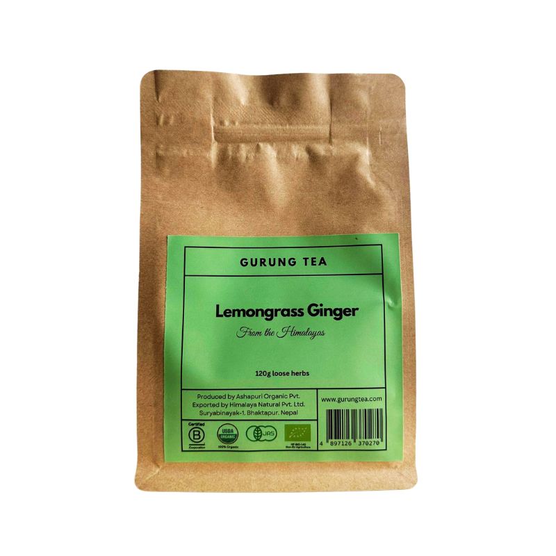 Gurung Organic Lemongrass Ginger Tea (Loose Herbs) Kraft paper tea bag with green label featuring 'Gurung Tea' on a white background