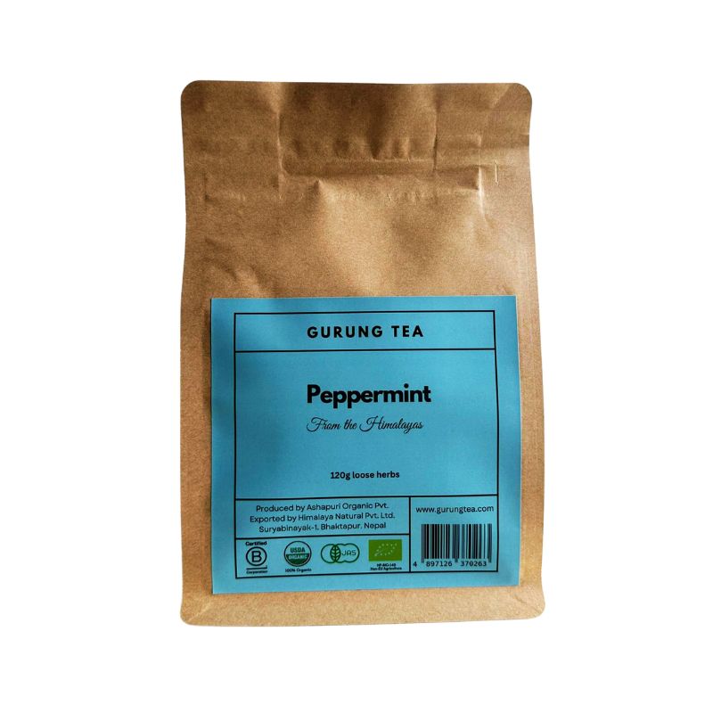 Brown paper bag of Gurung Organic Organic Peppermint Tea (Loose Herbs) - 120g with a blue label on a white background