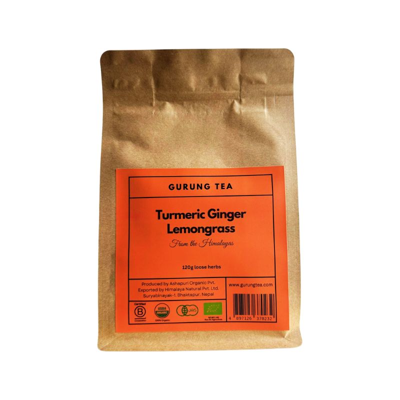 Gurung Organic Turmeric Ginger Lemongrass Tea (Loose Herbs) with orange label featuring 'Gurung Tea' on a white background