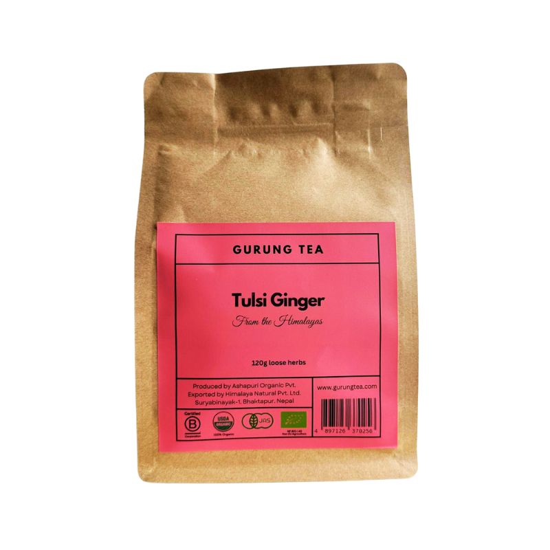 Gurung Organic Tulsi Ginger Tea (Loose Herbs) - 120g  package with pink label on a white background