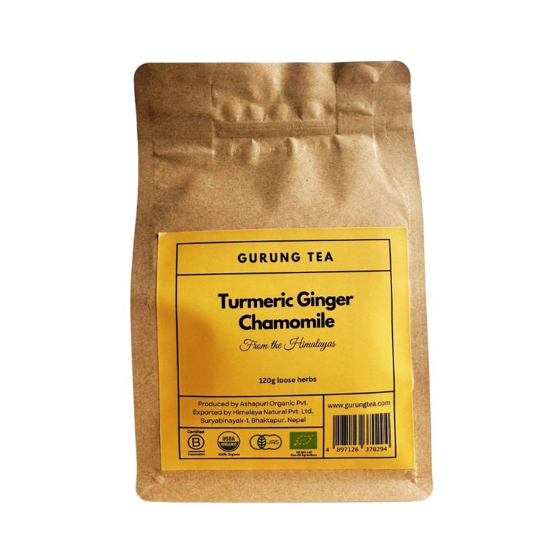 Gurung Organic Turmeric Ginger Chamomile Tea (Loose Herbs)  - with 'Gurung Tea' label on a white background