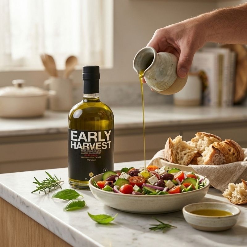 A bottle of ILIADA Early Harvest Extra Virgin Olive Oil Unfiltered - 500ml stands on a kitchen counter beside a salad bowl, with a hand pouring oil from a small ceramic pitcher over the salad and bread in the background.