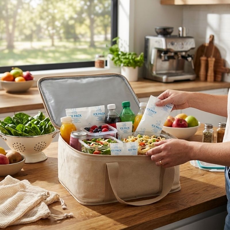 A beige insulated lunch bag sits open on a wooden kitchen counter, filled with snacks, drinks, and a salad. A person's hands are placing an Ice Pack for Chilled and Frozen Items inside.