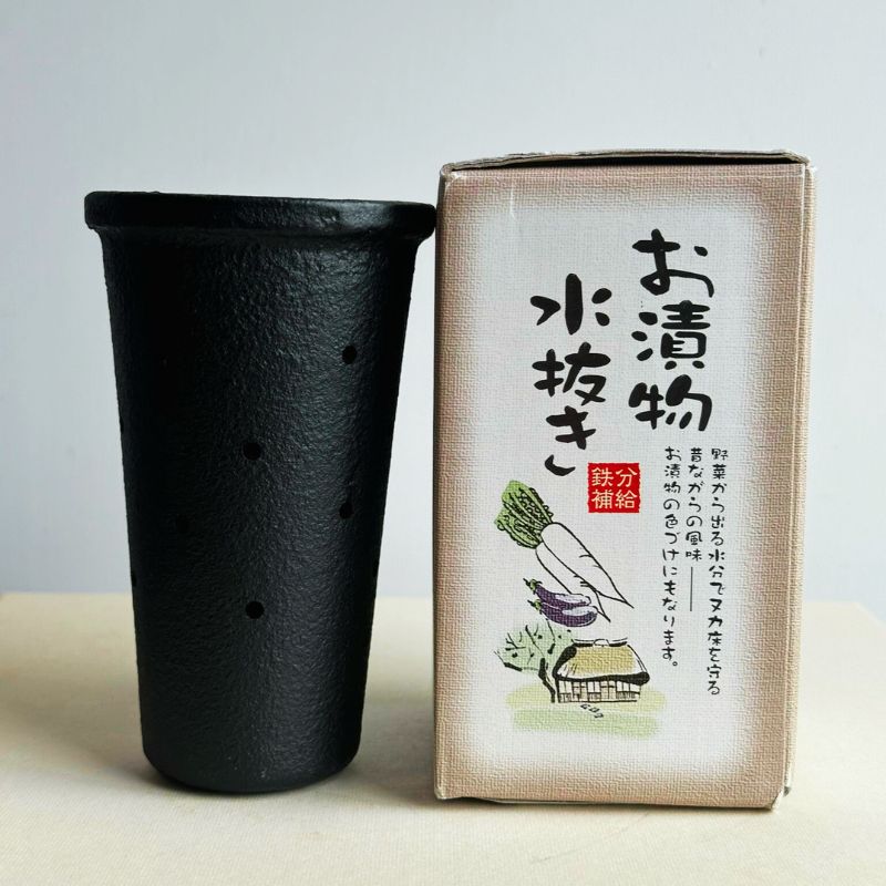 Ikenaga Iron Works Nanbu Ironware Water Drainer & Iron Supplement for Nukazuke - Large and packaging with Japanese text and illustrations on a light background