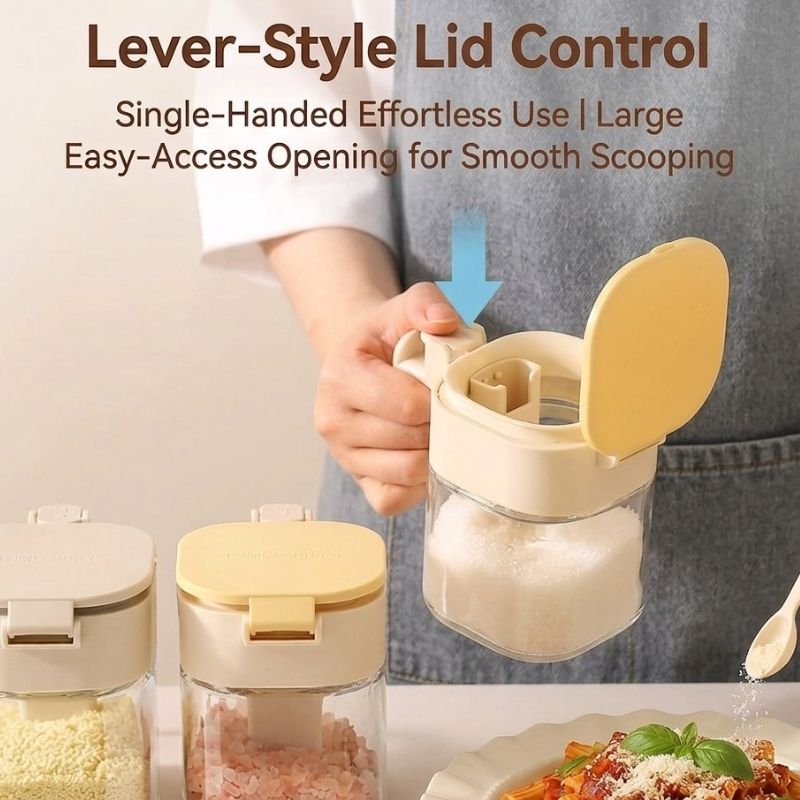Japanese-Style Airtight Condiment Glass Pot - 300ml with lever-style lid control being used, showing ease of use and large opening.