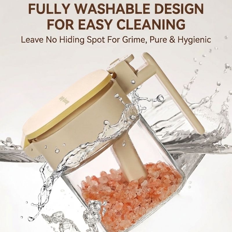 Japanese-Style Airtight Condiment Glass Pot - 300ml with water splashes and text about its washable design.