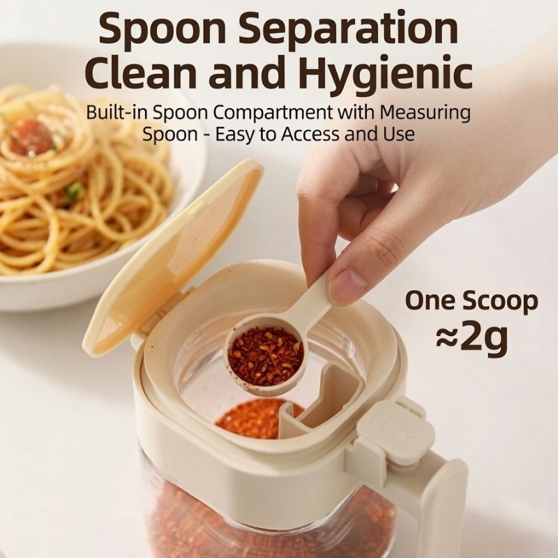 Japanese-Style Airtight Condiment Glass Pot - 300ml with measuring spoon and text about cleanliness and usage