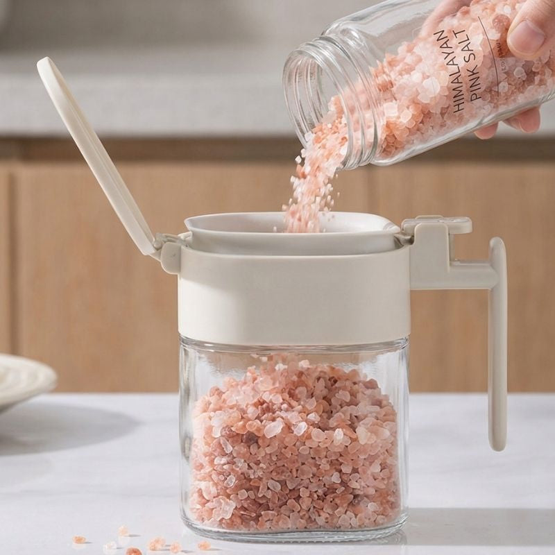 Himalayan pink salt being poured into Japanese-Style Airtight Condiment Glass Pot - 300ml