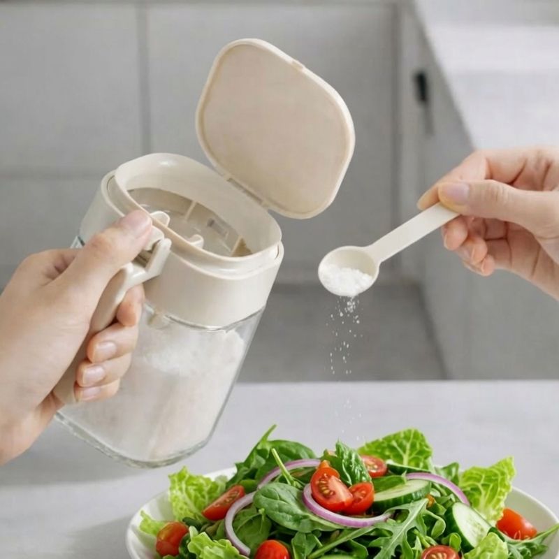 Person seasoning a salad with Japanese-Style Airtight Condiment Glass Pot - 300ml on a kitchen counter.