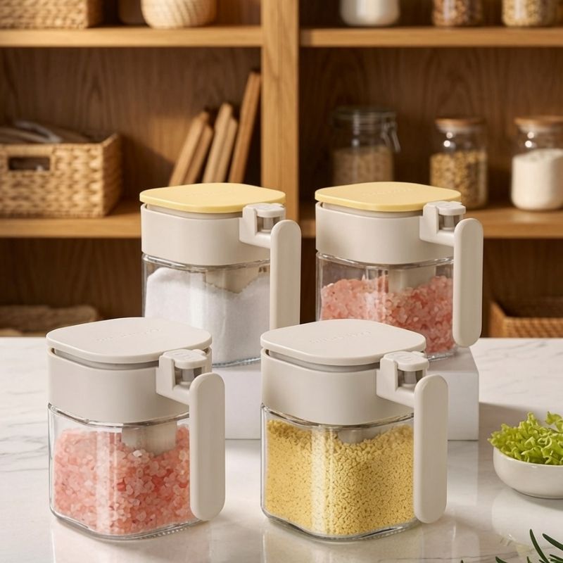 Set of four Japanese-Style Airtight Condiment Glass Pot - 300ml with lids on a wooden shelf background