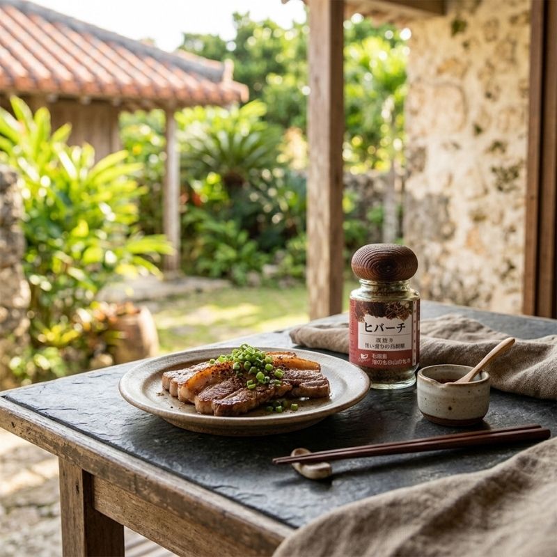 A styled tabletop scene showing a plate of cooked meat with green garnish beside a small jar with Japanese MSG-Free Hibachi Pepper Seasoning, a ceramic bowl with chopsticks, and a wooden spoon on a dark table. The setting is outdoors on a porch with a garden and stone wall in the background.