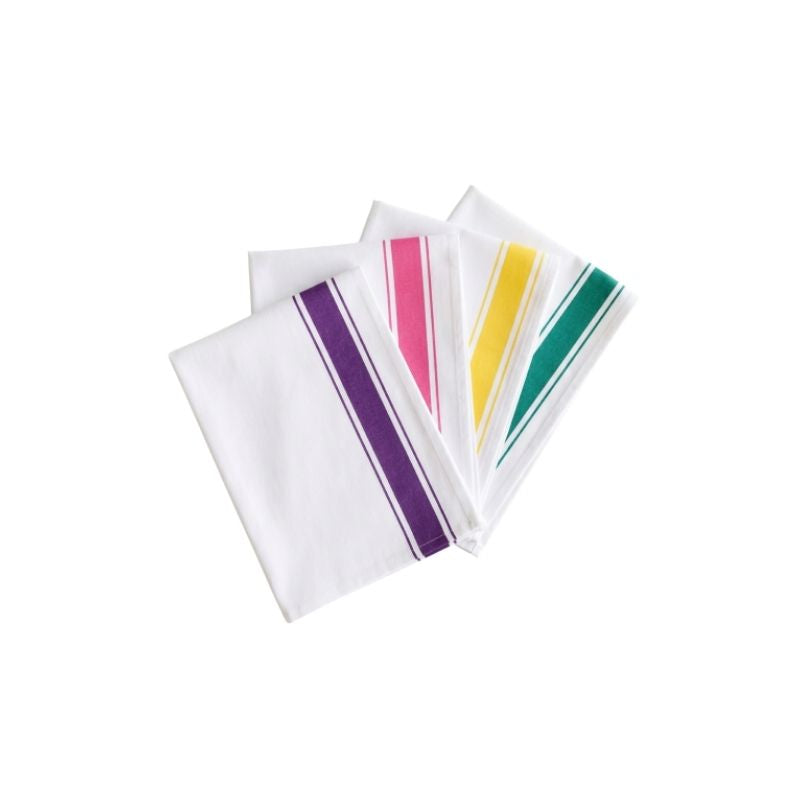 Classic white cotton kitchen tea towel with four different colours, green, yellow, pink and purple stripes made for modern Hong Kong kitchens.