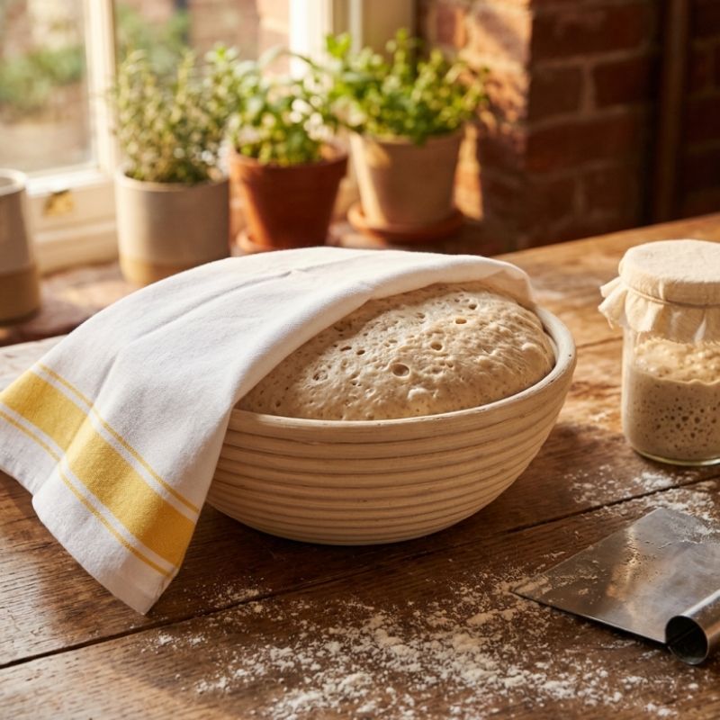 Premium yellow striped kitchen towel used as a sourdough proofing cloth and linen bread cover for home bakers in HK. The proofing basket sits on a rustic wooden table with flour scattered around, a metal scraper nearby, and potted plants in the background near a window.