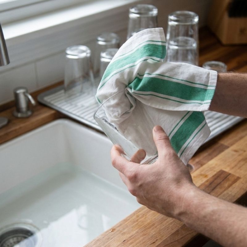 A person's hands holding a clear glass cup while drying it with a white kitchen towel featuring green stripes, set in a real kitchen environment with a sink and glasses in the background.