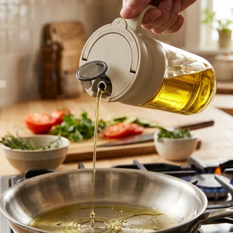 Person pouring oil from Leak-Proof Glass Oil Dispenser / Liquid Condiment Bottle - 600ml into a frying pan on a kitchen counter.
