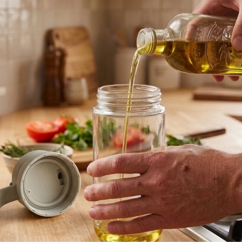 Person pouring oil into Leak-Proof Glass Oil Dispenser / Liquid Condiment Bottle - 600ml on a kitchen counter.