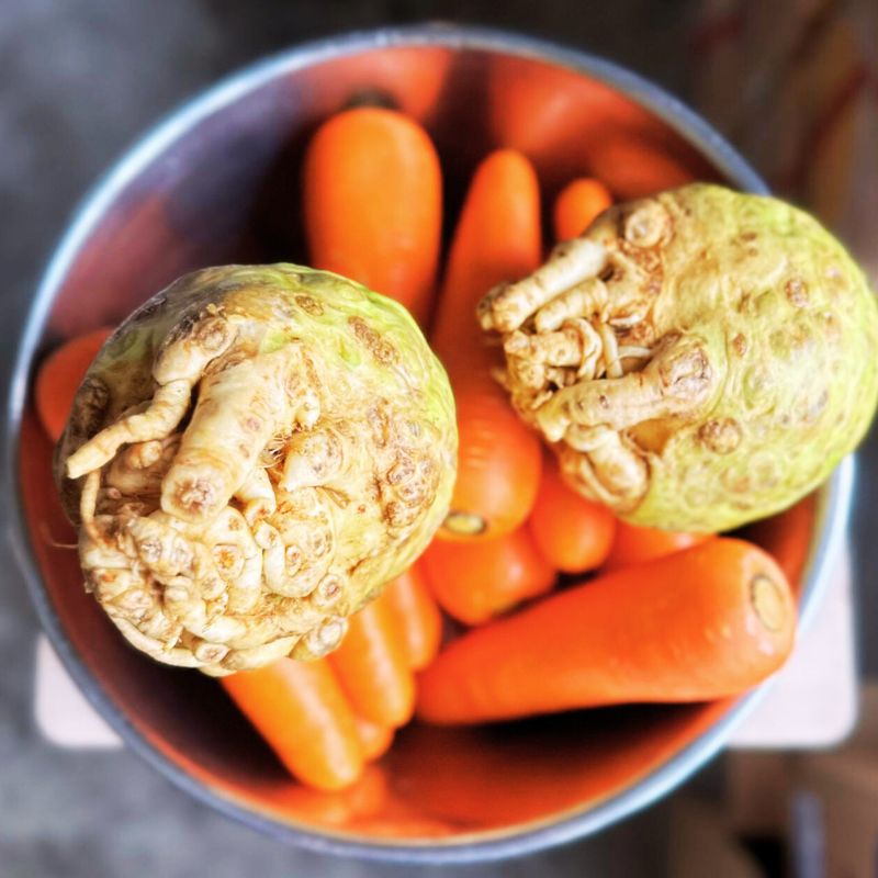 the ingredients for Living Lacto-Fermented Carrots with Celeriac - Bowl with carrots and two large Celeriac on a blurred background