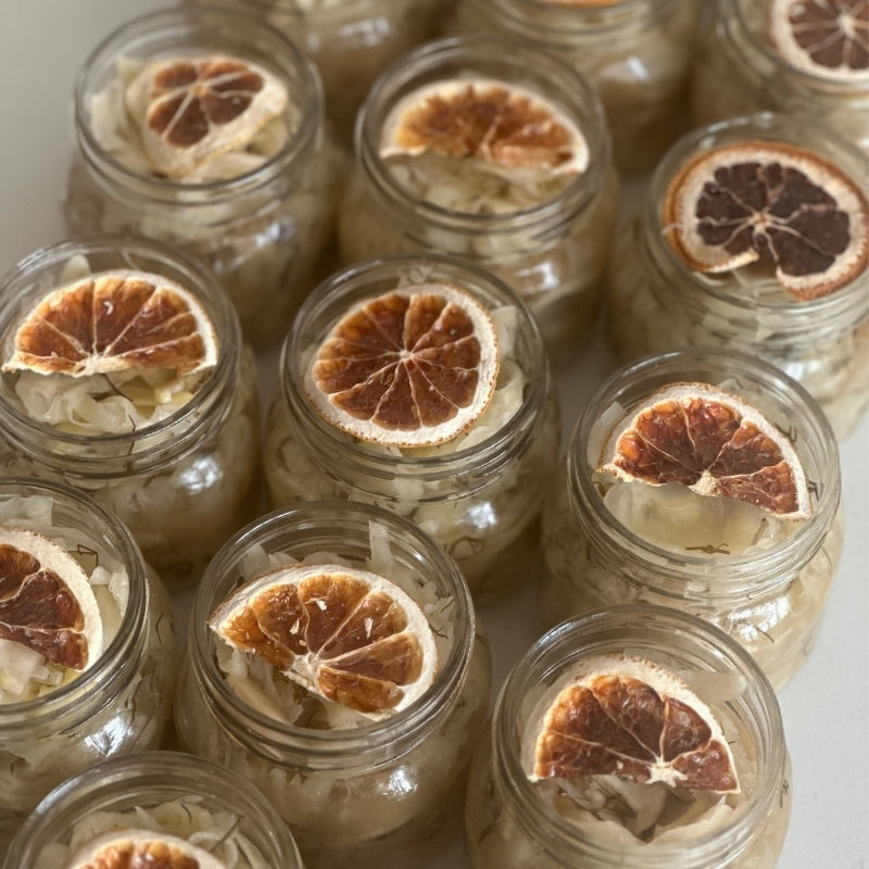 Jars of open Living Lacto-Fermented Fennel with Dill and Orange  - 200g