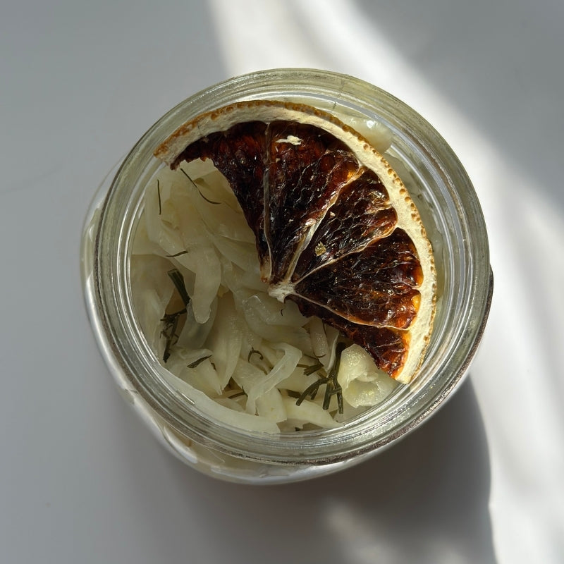 Close up of open jar of Living Lacto-Fermented Fennel with Dill and Orange  - 200g