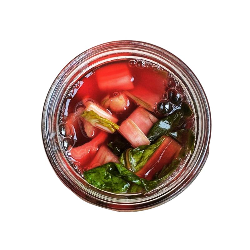 Jar of Living Lacto-Fermented Rainbow Chard with Chili with Chili on a white background