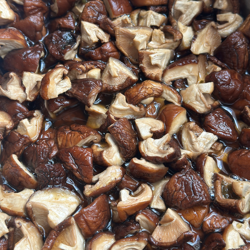 Close-up of dried mushrooms with a brown and beige color.