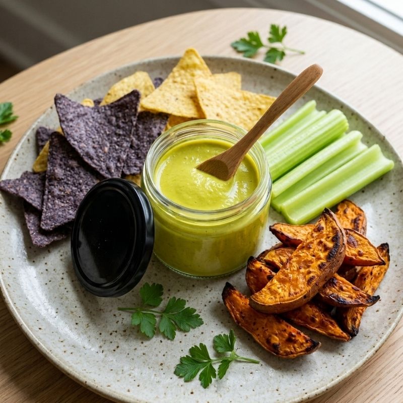 A glass jar filled with Living Probiotic Creamy Jalapeno Sauce - 200g sits on a speckled plate, surrounded by tortilla chips, celery sticks, sweet potato wedges, and a black lid on a wooden table.