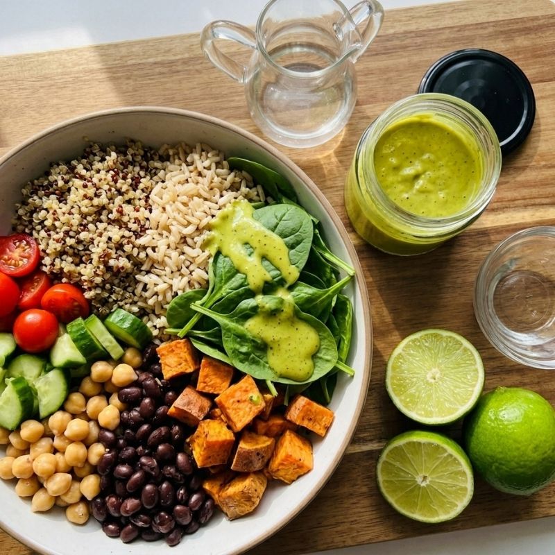 A top-down view of a prepared salad bowl on a wooden surface, filled with mixed grains, greens, black beans, chickpeas, sweet potato cubes, cucumbers, tomatoes, and Living Probiotic Creamy Jalapeno Sauce drizzle. A small glass pitcher, a jar of green dressing with its lid off, and two lime halves are arranged around the bowl.