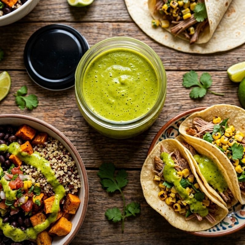 A glass jar filled with Living Probiotic Creamy Jalapeno Sauce - 200g sits on a rustic wooden table, surrounded by tacos, a bowl of colorful quinoa salad, lime wedges, cilantro, and a black lid.