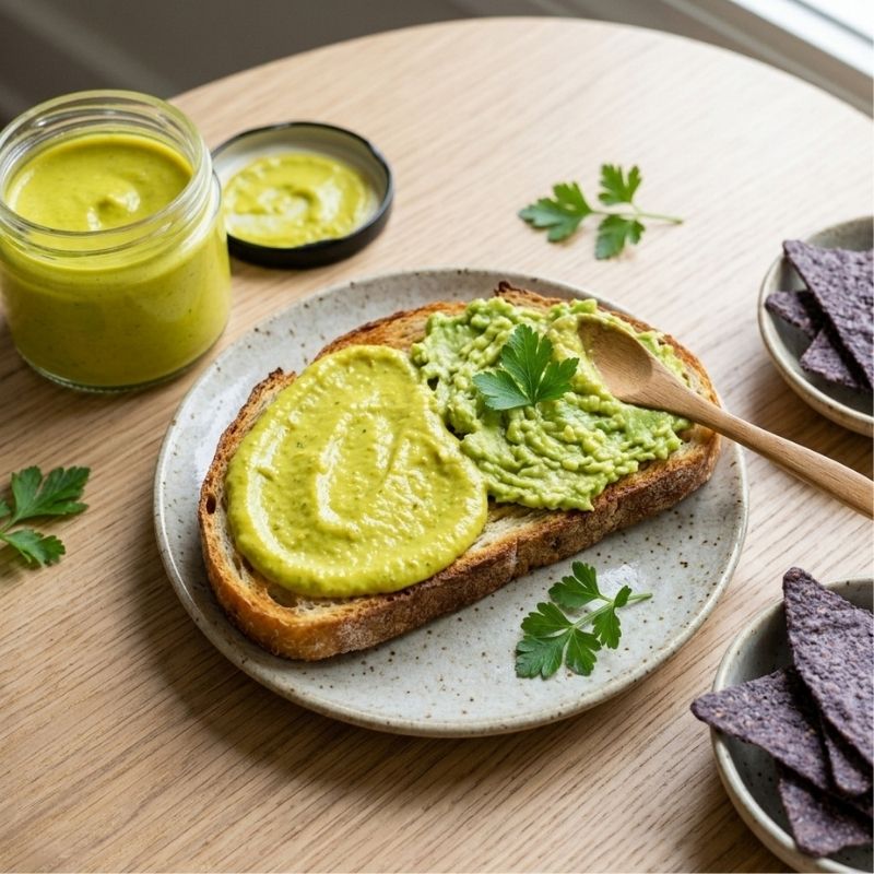 A styled food scene on a light wood table showing a slice of toast with a thick layer of Living Probiotic Creamy Jalapeno Sauce - 200g and mashed avocado, garnished with parsley, on a speckled plate. A small glass jar of the same spread and bowls of blue corn chips are arranged around it.