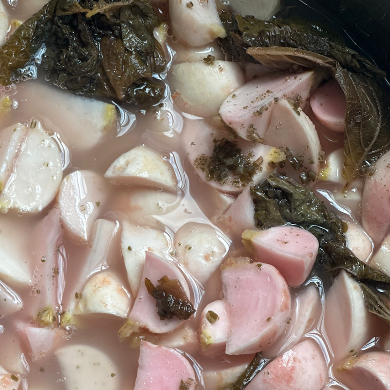 Close-up of Living Lacto-Fermented Kabu Radish with Shiso in a clear broth.