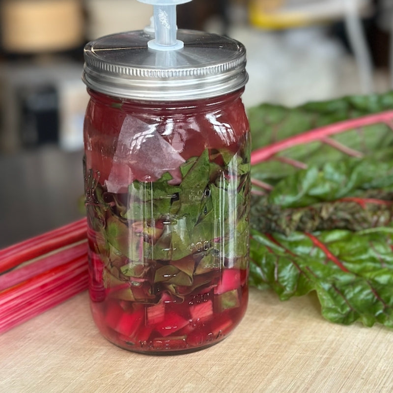 Mason jar with Living Lacto-Fermented Rainbow Chard with Chili on a wooden surface
