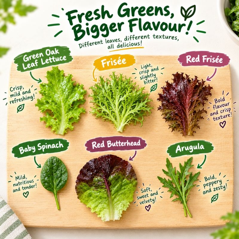 A wooden cutting board displaying six different types of fresh leafy greens for Mesclun Salad Mix - 200g, each labeled with a color-coded green, yellow, red, purple, and green sticker and a descriptive text callout. The main headline at the top reads 'Fresh Greens, Bigger Flavour!'.