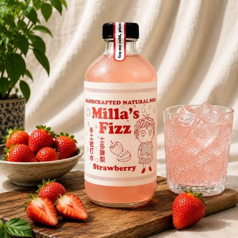 Milla's Fizz Strawberry Fizz with strawberries and a glass of sparkling strawberry fizz with ice in a glass in the background.