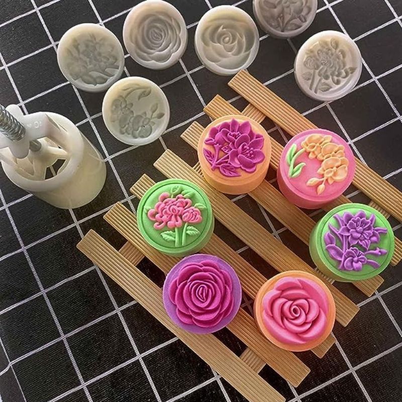 Mooncake Stamp Pattern Mooncake Mold Set - 1 Mold Press & 6 Stamps (Bauhinia & Rose Pattern ...