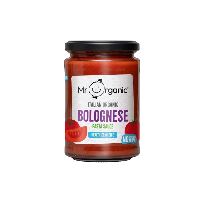 Jar ofMr Organic Bolognese Healthier Choice Pasta Sauce - 350g on a white background