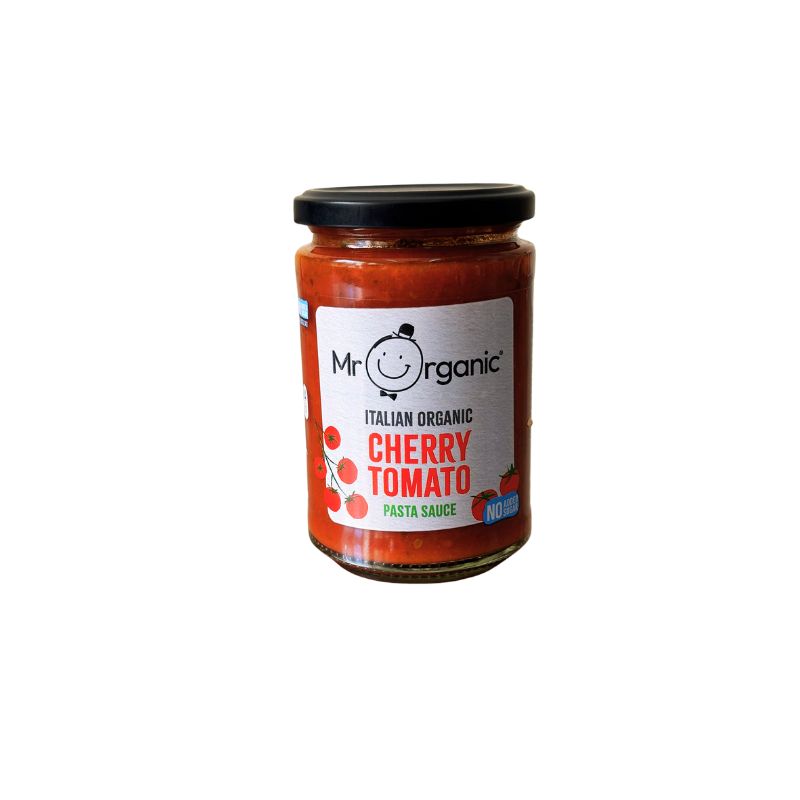 Jar of Mr Organic Italian Organic Cherry Tomato Pasta Sauce on a white background