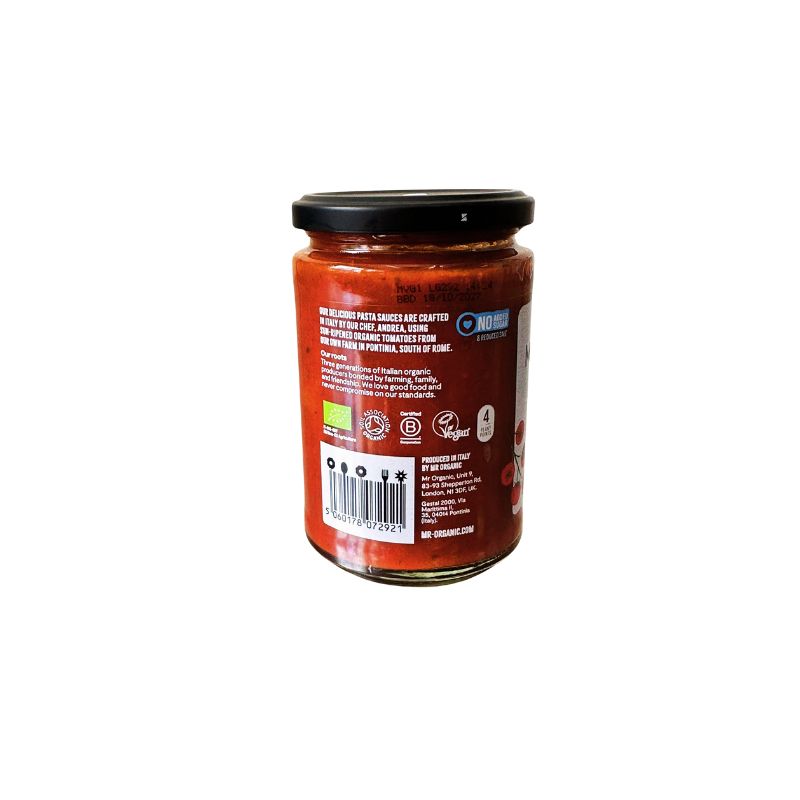 Jar of tMr Organic Italian Organic Cherry Tomato Pasta Sauce (No Added Sugar)  with a visible label on a white background