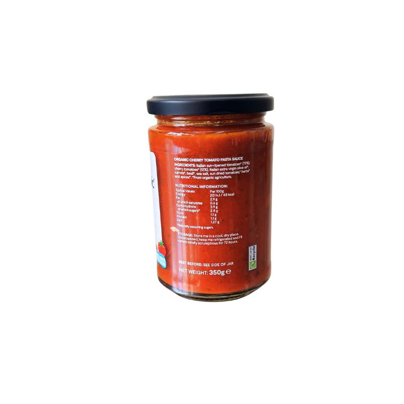 Jar of  Mr Organic Italian Organic Cherry Tomato Pasta Sauce (No Added Sugar) with nutritional information on a white background