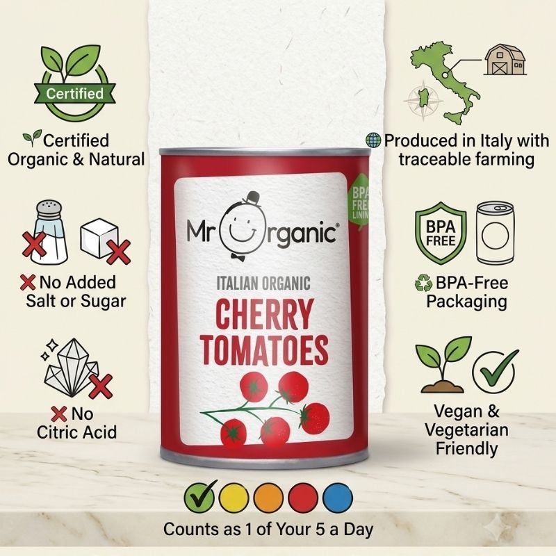 Can of Mr. Organic Italian Organic Cherry Tomatoes with certification logos on a light background