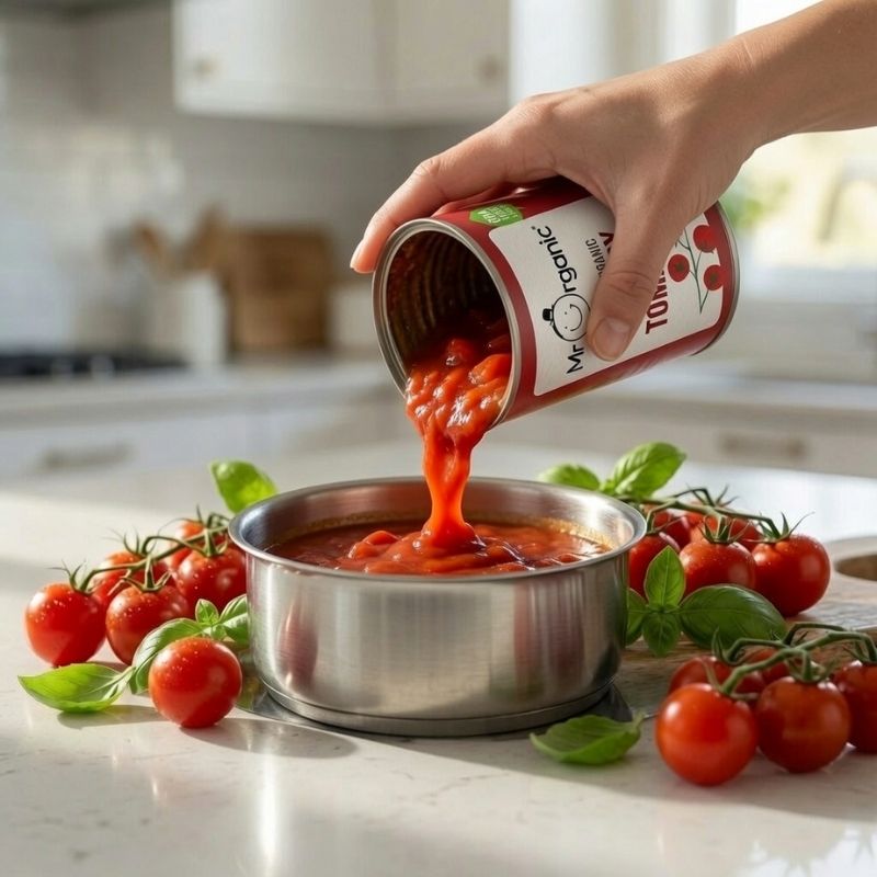 Hand pouring Mr Organic Italian Organic Cherry Tomatoes - 400g into a metal bowl with fresh tomatoes and basil leaves on a kitchen counter.