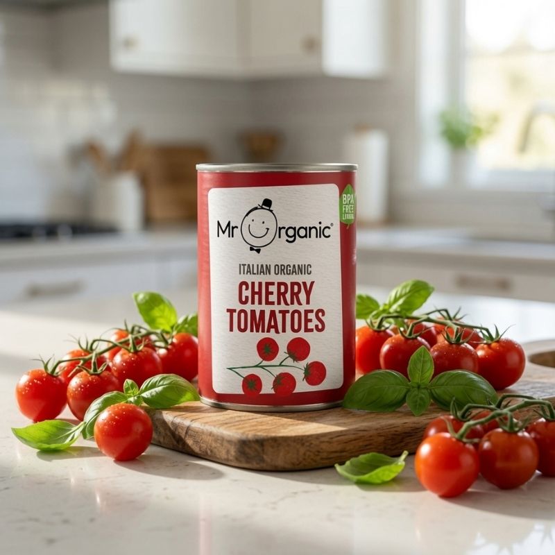 Can of Mr Organic Italian Organic Cherry Tomatoes on a kitchen counter with fresh cherry tomatoes.